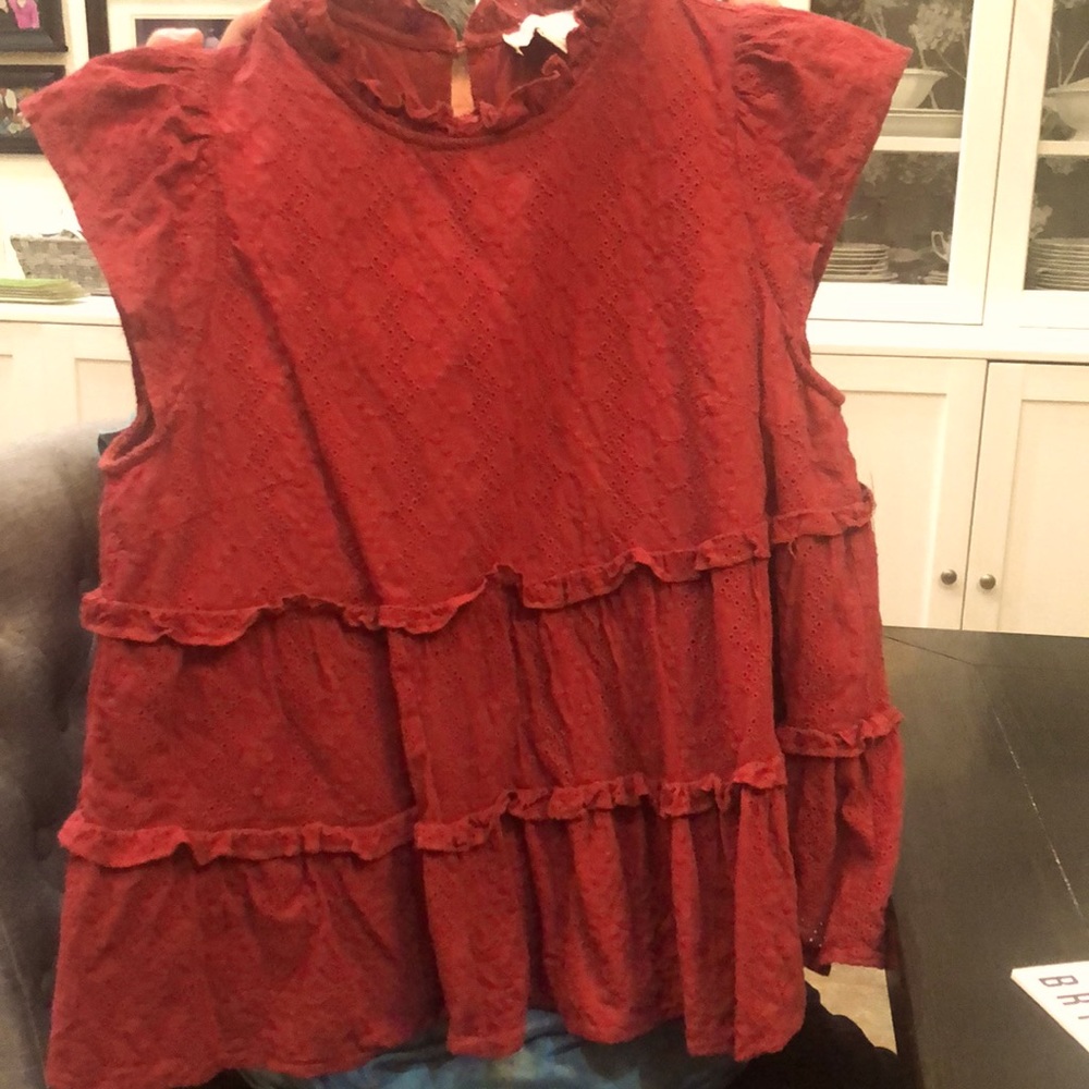 burgundy lace and ruffle out cap sleeve baby doll shirt